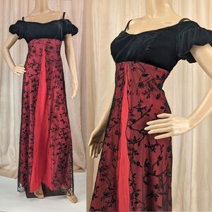 Vintage 1990s Gown Red Velvet Split Skirt Black Lace Off Shoulder Goth JR 13